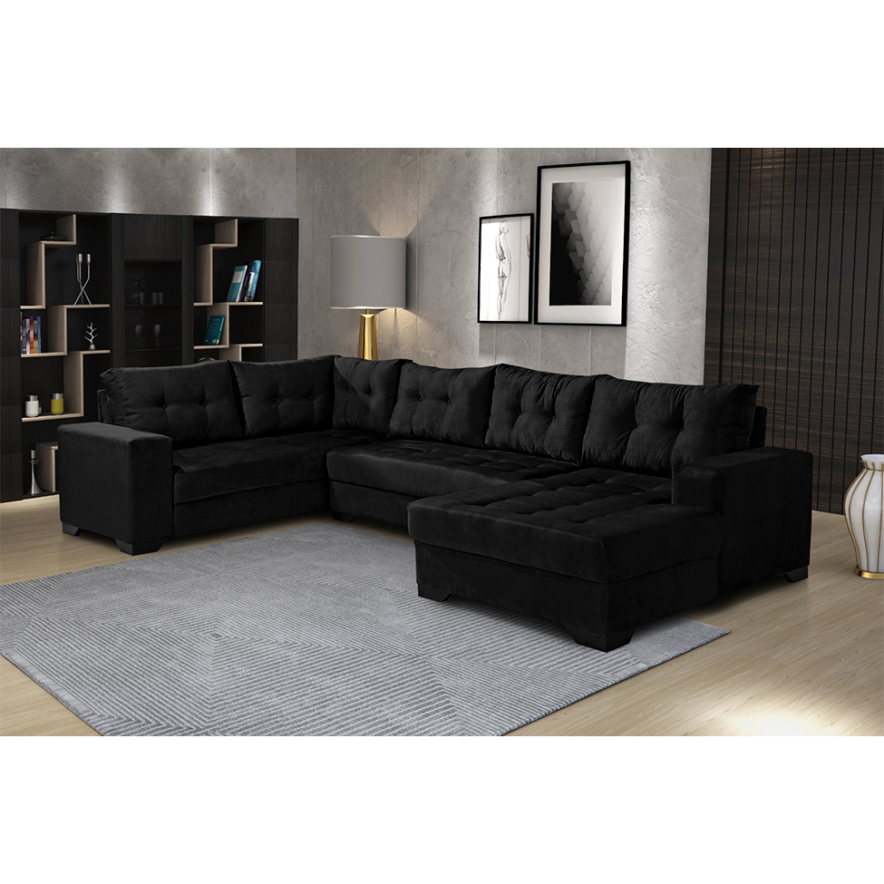 Sofá de Canto 6 Lugares com Chaise Direito Dijon Suede Preto