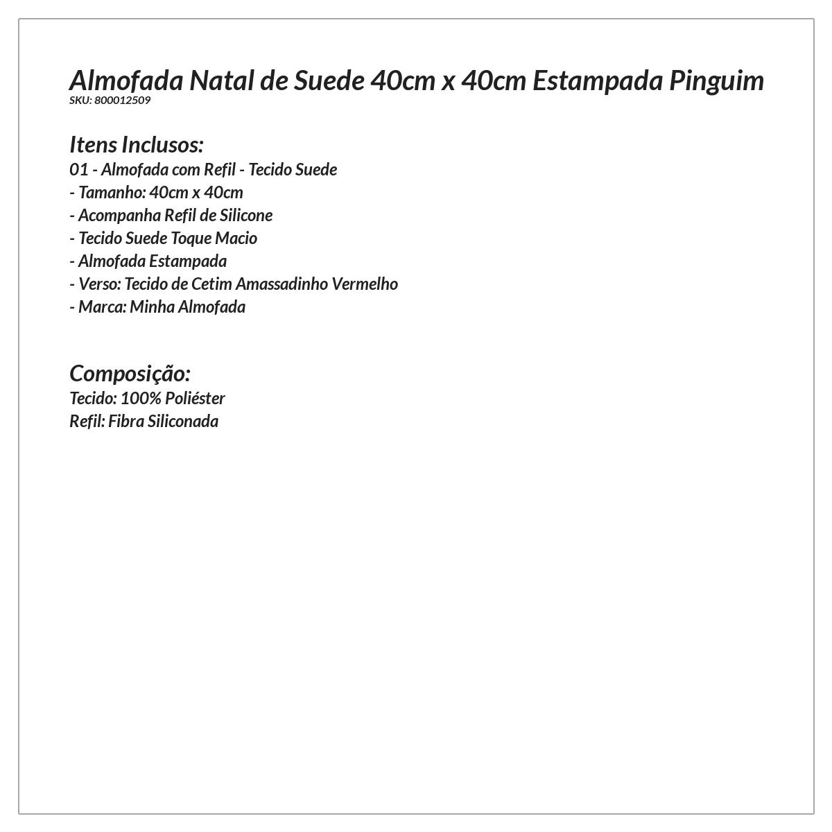 Almofada Decorativa Natal de Suede 40cm x 40cm Estampada Pinguim com Refil de Silicone