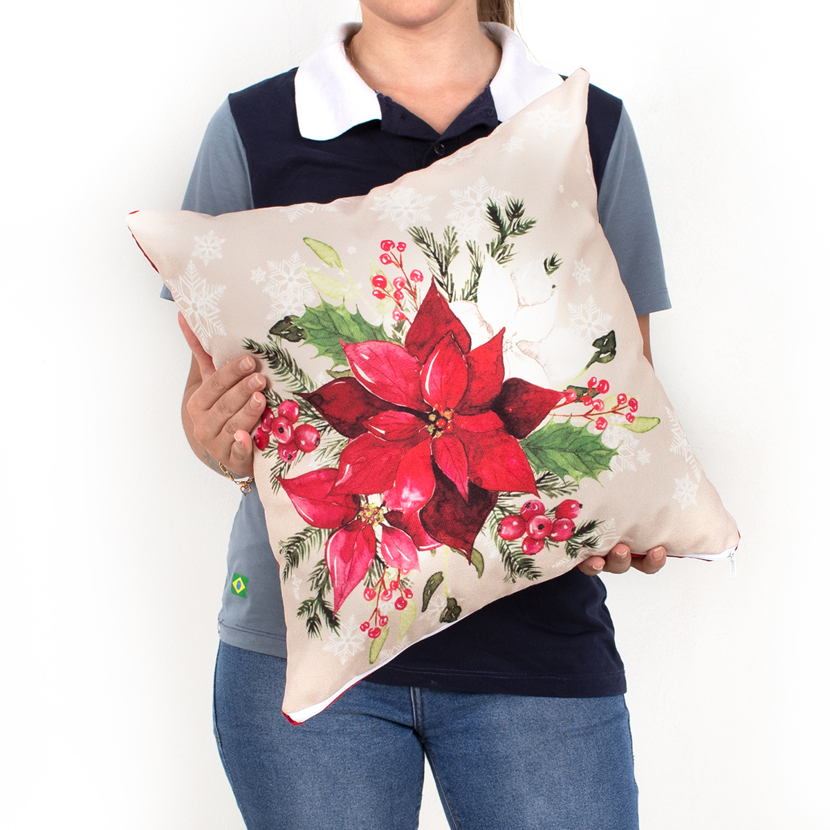 Almofada de Natal de Suede 40cm x 40cm Estampada Ramo de Flores com Refil de Silicone