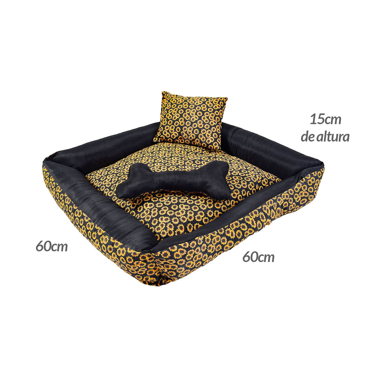 Cama Pet Grande Onix 60cm x 60cm x 15cm Girassol Com Almofadas Decorativa