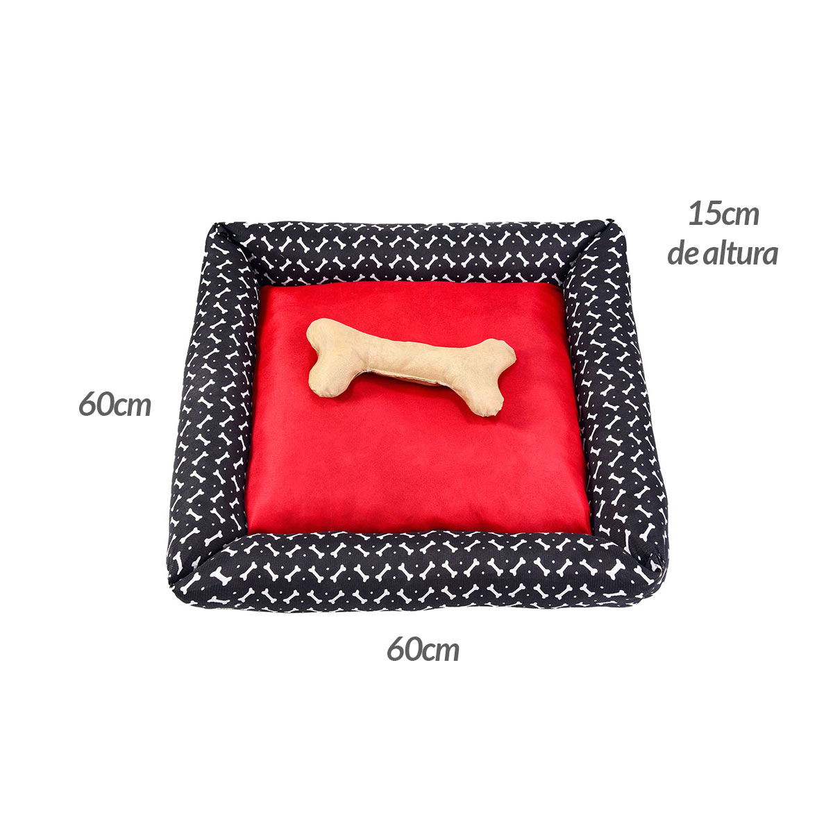 Cama Pet Grande Simples Pop 60cm x 60cm x 15cm Preto e Vermelho Com Almofada Decorativa