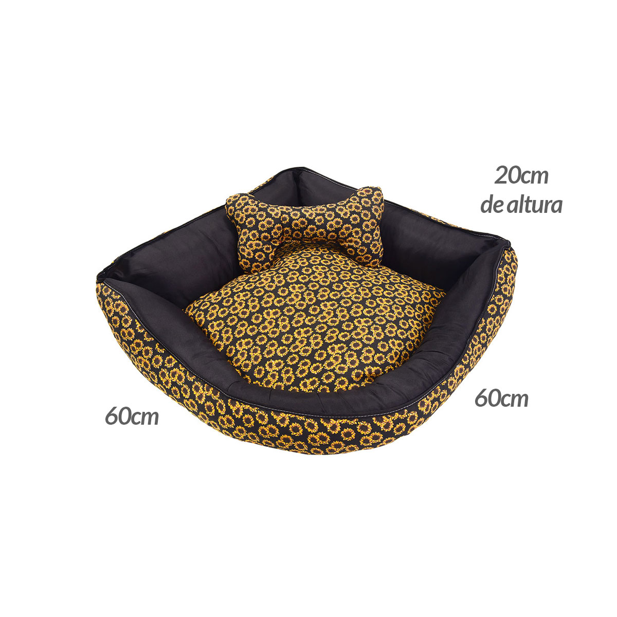 Cama Pet Média 60cm x 60cm x 20cm Girassol Com Almofada Decorativa