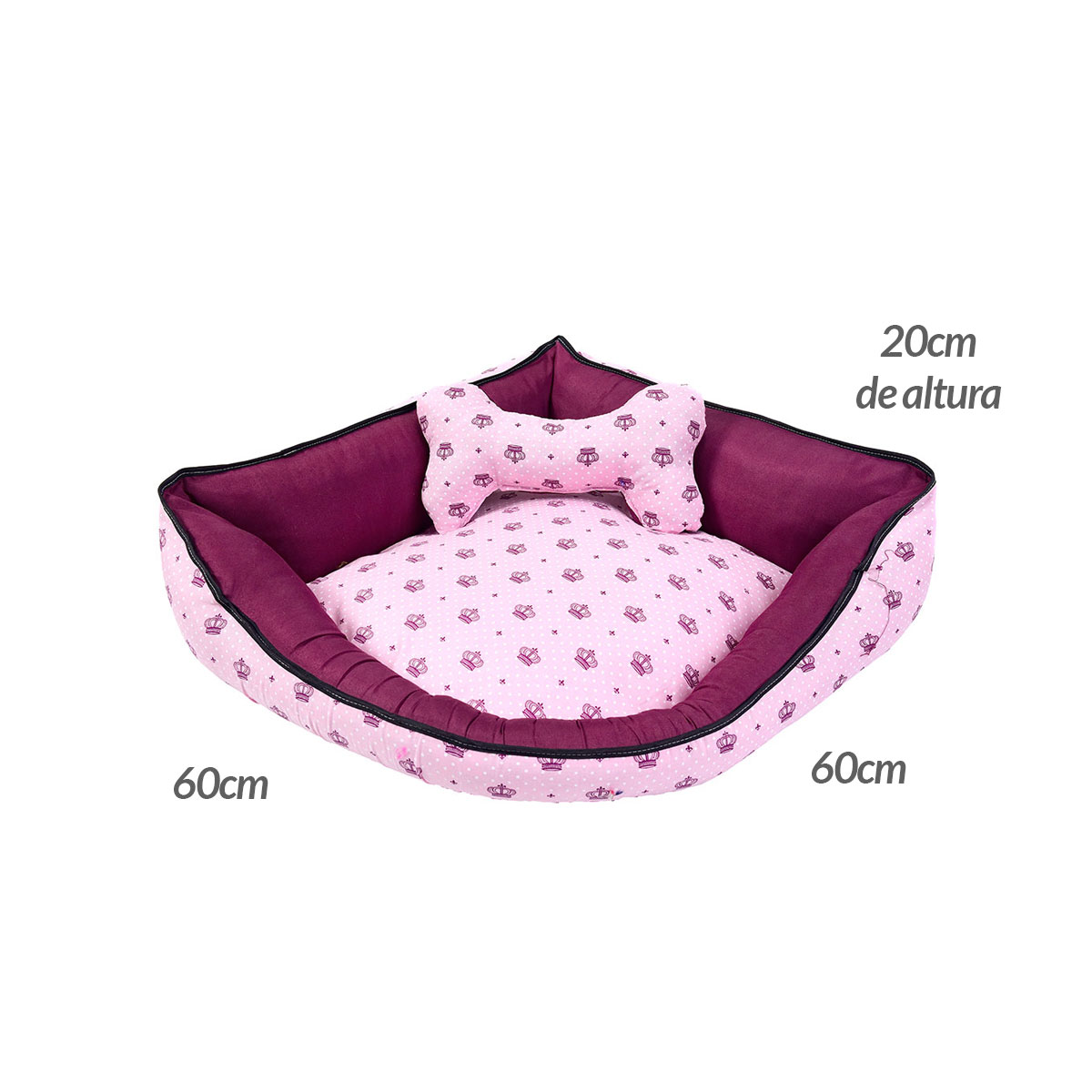 Cama Pet Média 60cm x 60cm x 20cm Realeza Rosa Com Almofada Decorativa