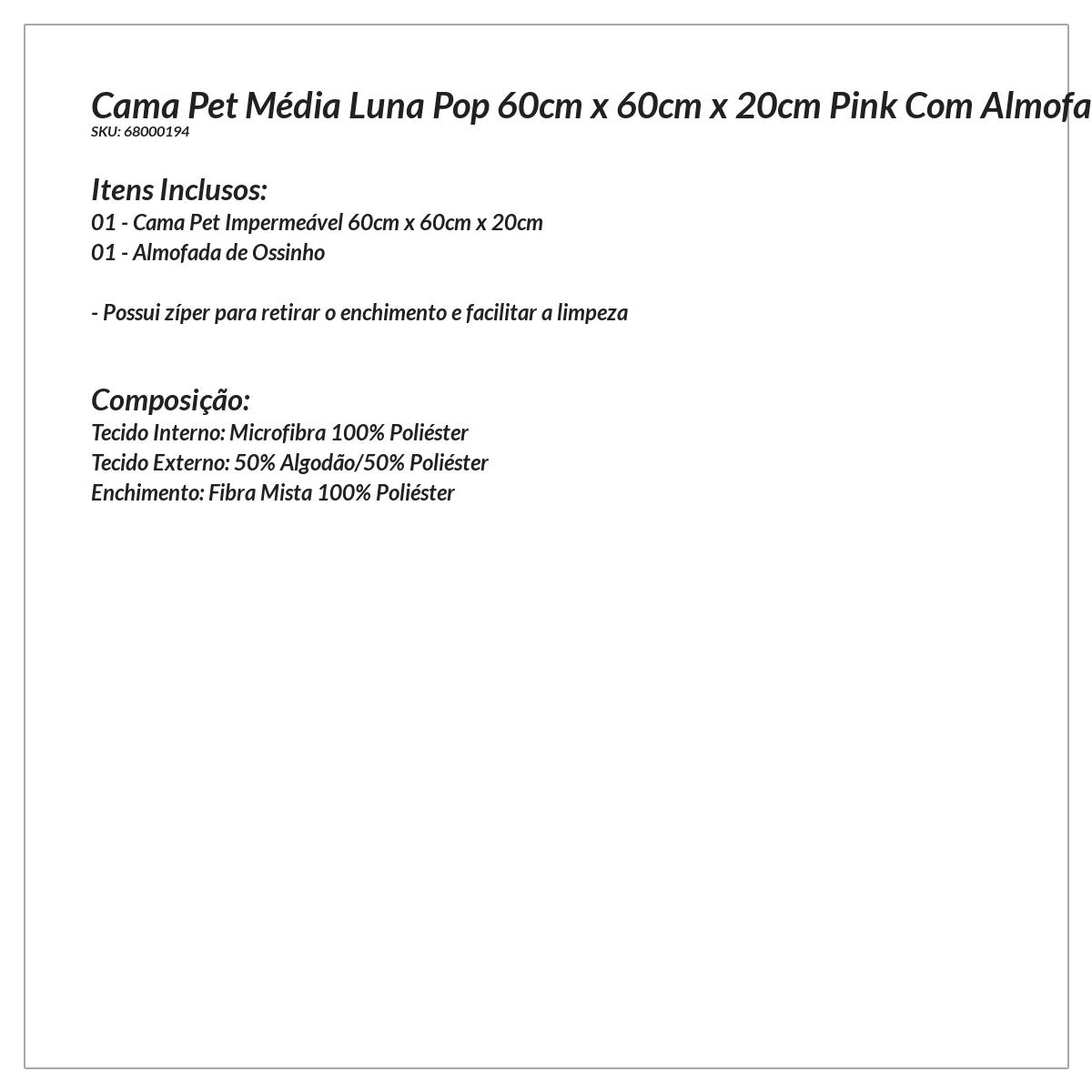 Cama Pet Média Pop 60cm x 60cm x 20cm Pink Com Almofada Decorativa