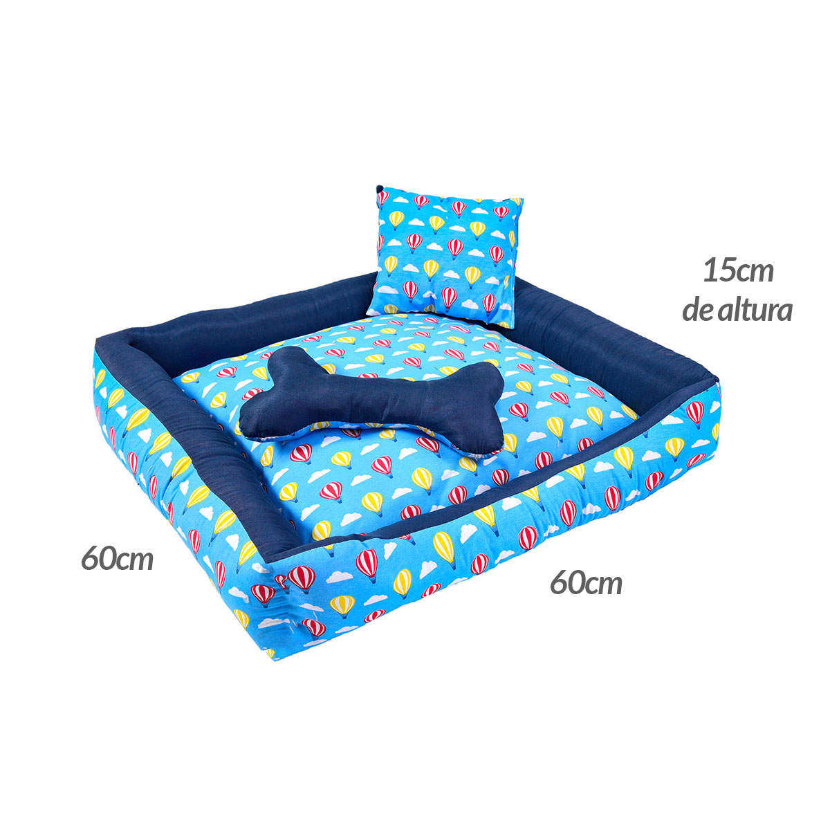 Capa Pet Grande Azul Estampada 60cm x 60cm x 15cm de Altura com 2 Almofadas Decorativas