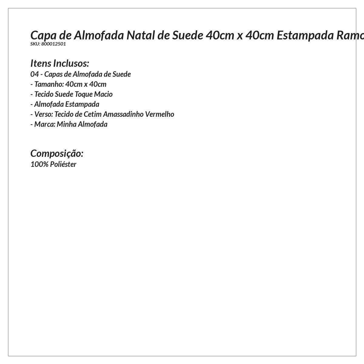 Capa de Natal para Almofada 40cm x 40cm Tecido Suede com zíper