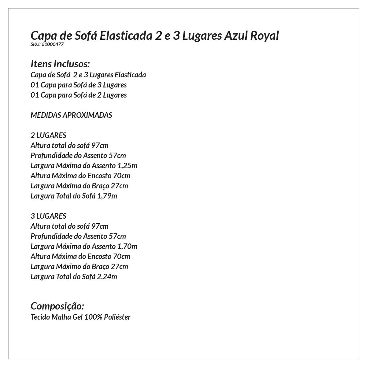 Capa para Sofá Azul Royal 3 e 2 Lugares com Elástico