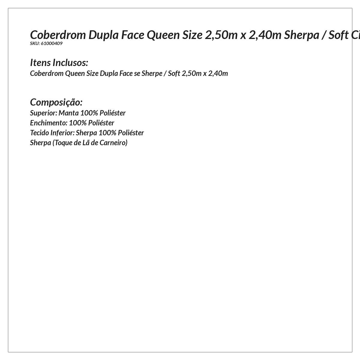 Coberdrom Dupla Face Casal Queen Sherpa / Soft 2,50m x 2,40m Cinza