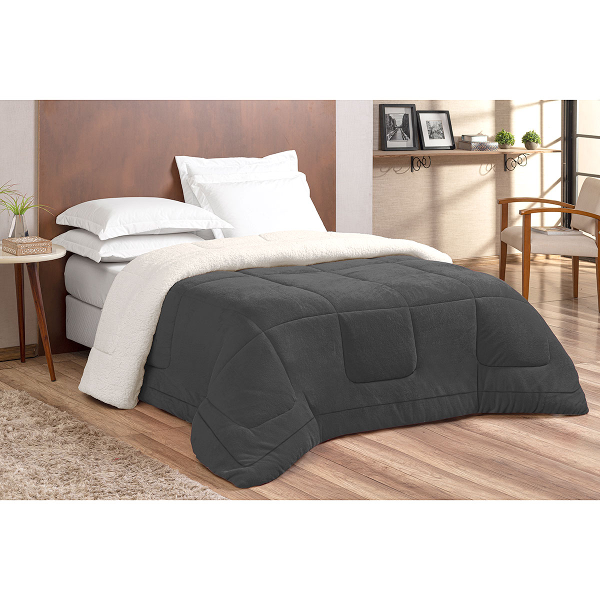 Coberdrom Preto Dupla Face Casal Queen Sherpa / Soft 2,50m x 2,40m