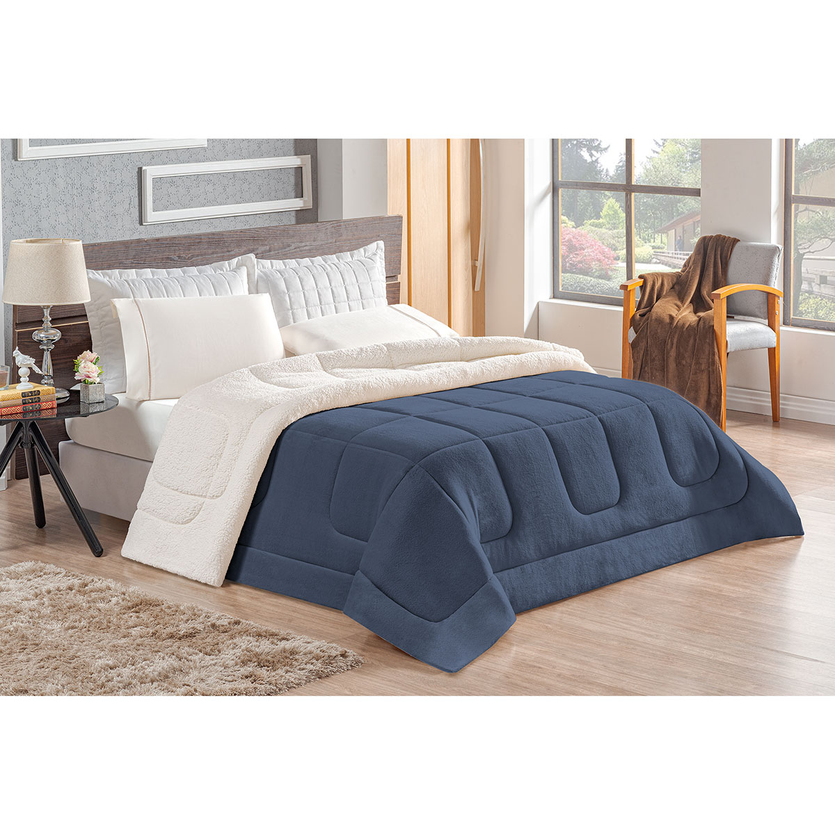 Coberdrom Sherpa Pele de Carneiro Queen Dupla Face Sherpa / Soft Azul Marinho + Jogo de Cama - 4 Peças