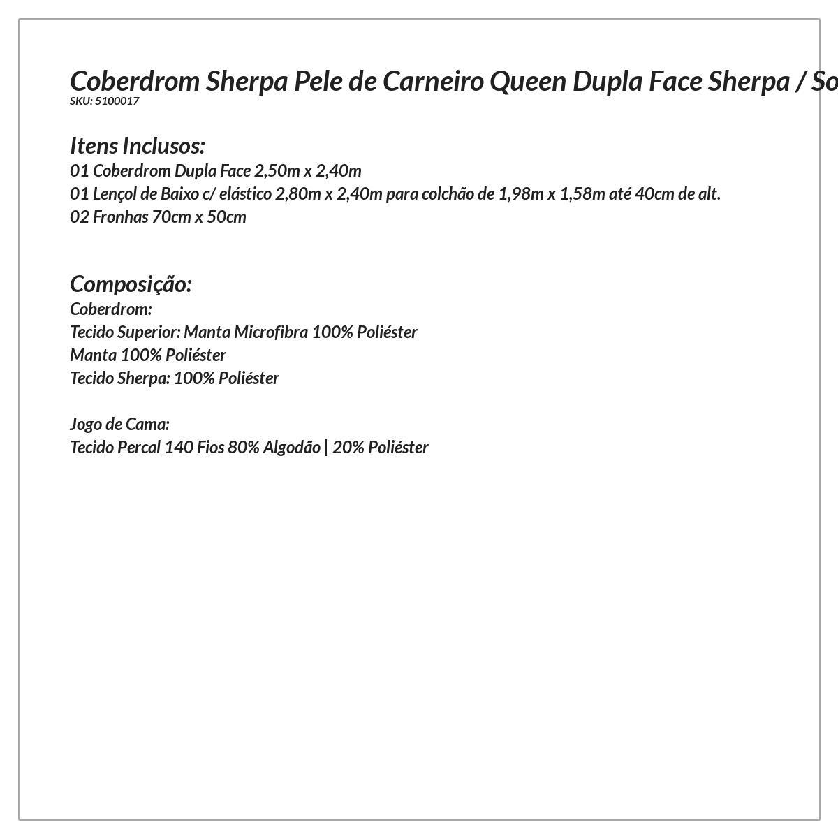 Coberdrom Sherpa Pele de Carneiro Queen Dupla Face Sherpa / Soft Azul Marinho + Jogo de Cama - 4 Peças