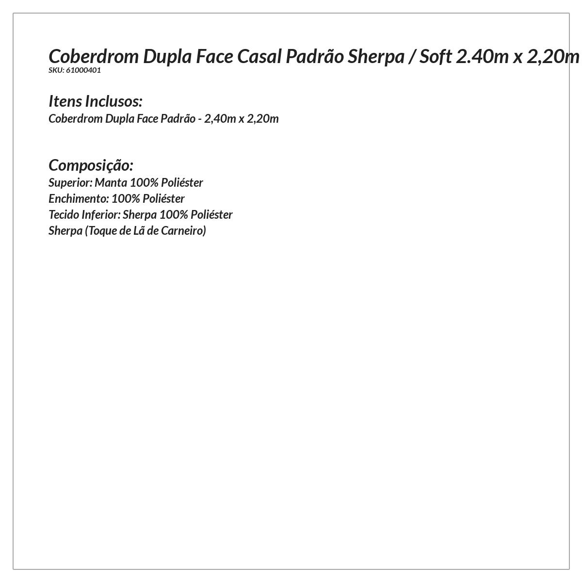 Coberdrom Tabaco Dupla Face Casal Padrão Sherpa / Soft 2,40m x 2,20m