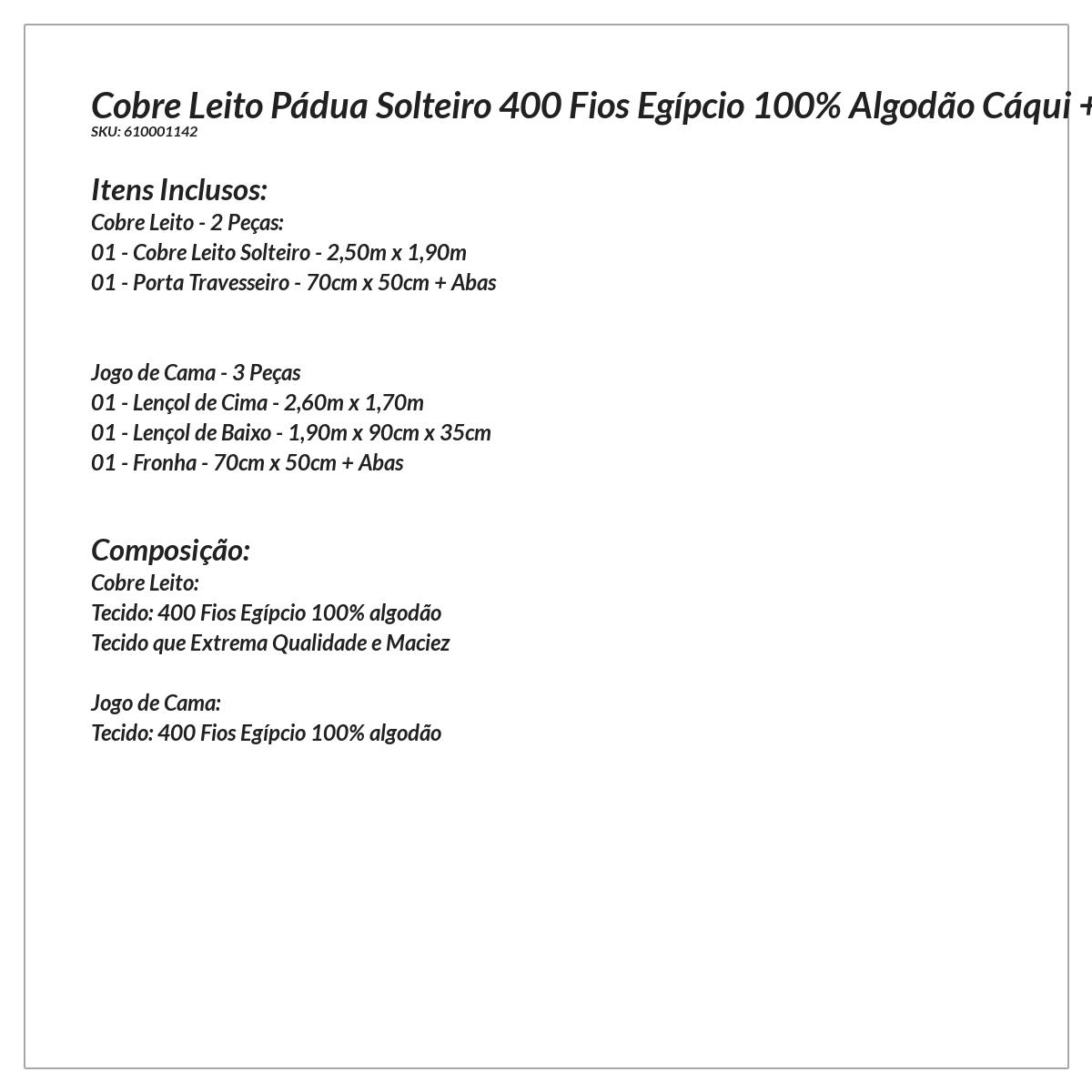 Cobre Leito 400 Fios Egípcio Solteiro 100% Algodão Cáqui + Jogo de Cama - 5 Peças