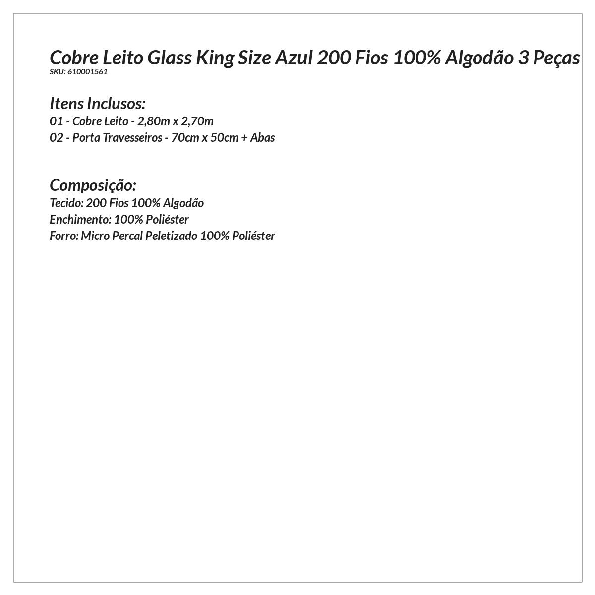 Cobre Leito Azul King Size 200 Fios 100% Algodão 3 Peças