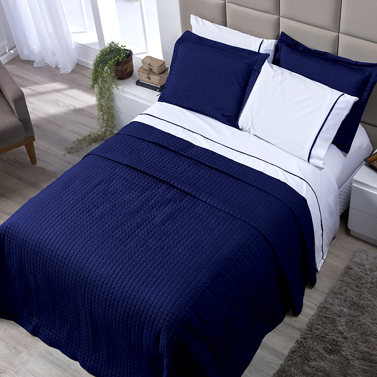Cobre Leito Azul Marinho Queen Size Dupla Face Micropercal 3 Peças com Porta Travesseiro