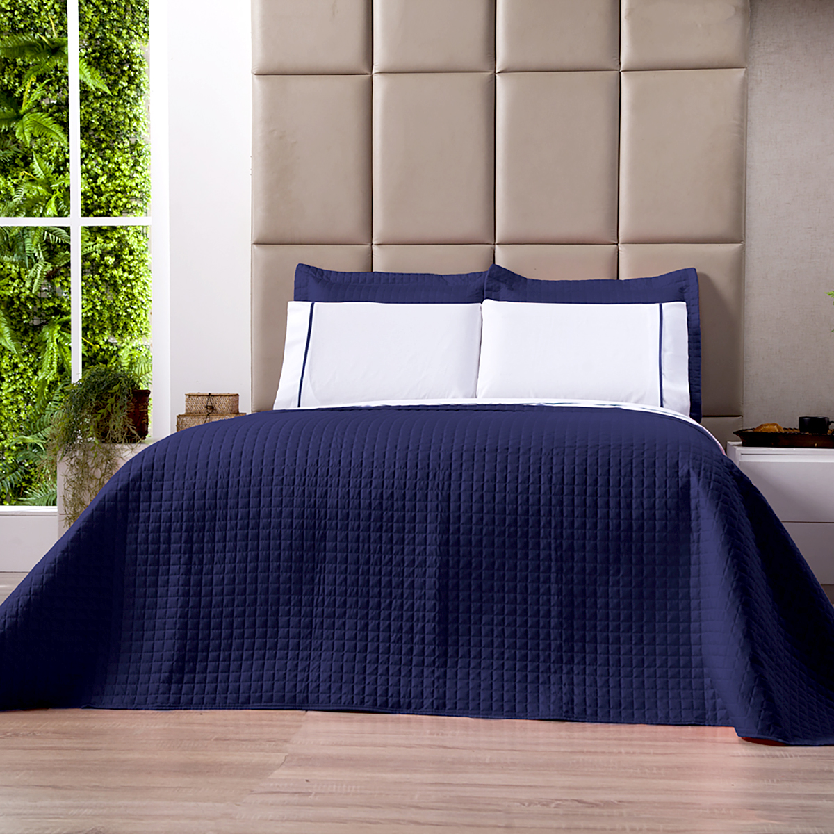 Cobre Leito Azul Marinho Queen Size Dupla Face Micropercal 3 Peças com Porta Travesseiro