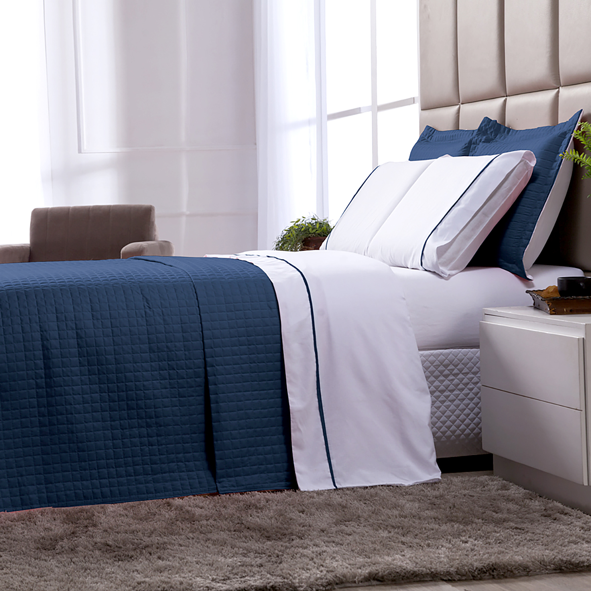 Cobre Leito Azul Marinho Queen Size Dupla Face Micropercal 3 Peças com Porta Travesseiro