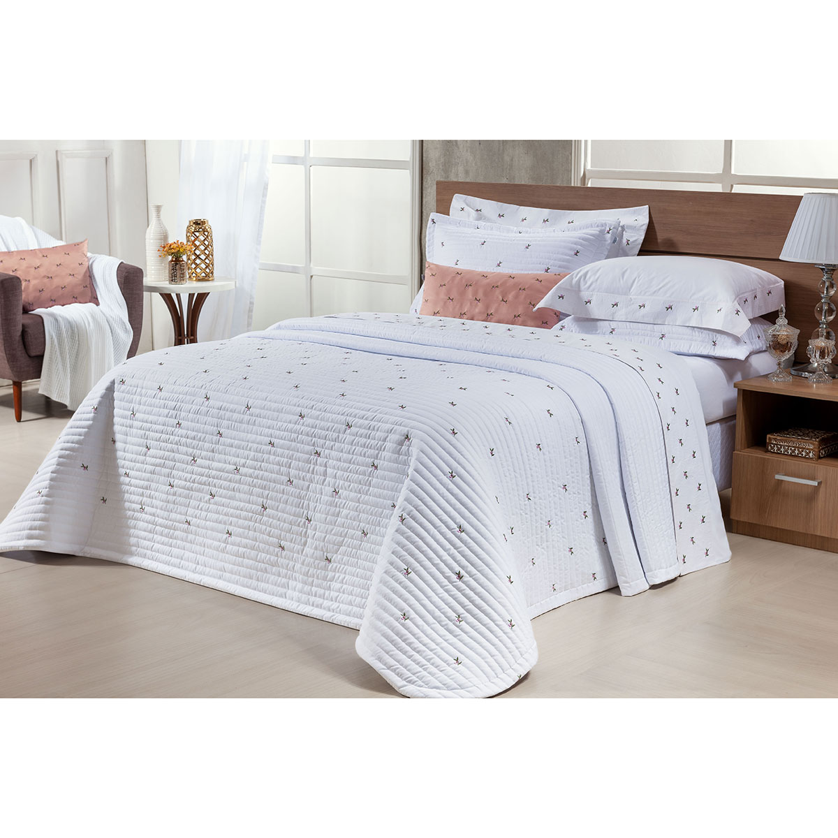 Cobre Leito Bordado King Size Branco Micro Percal Peletizado 400 Fios + Jogo de Cama - 7 Peças