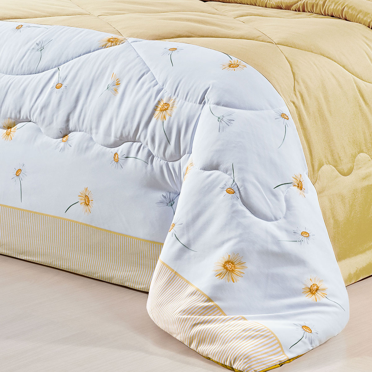 Cobre Leito Casal Amarelo Estampado 200 Fios Micro Percal 3 Peças