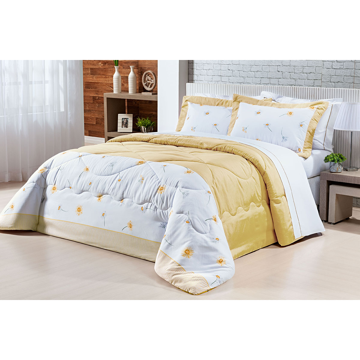 Cobre Leito Casal Amarelo Estampado 200 Fios Micro Percal 3 Peças
