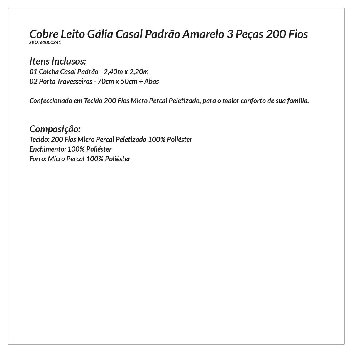 Cobre Leito Casal Amarelo Estampado 200 Fios Micro Percal 3 Peças