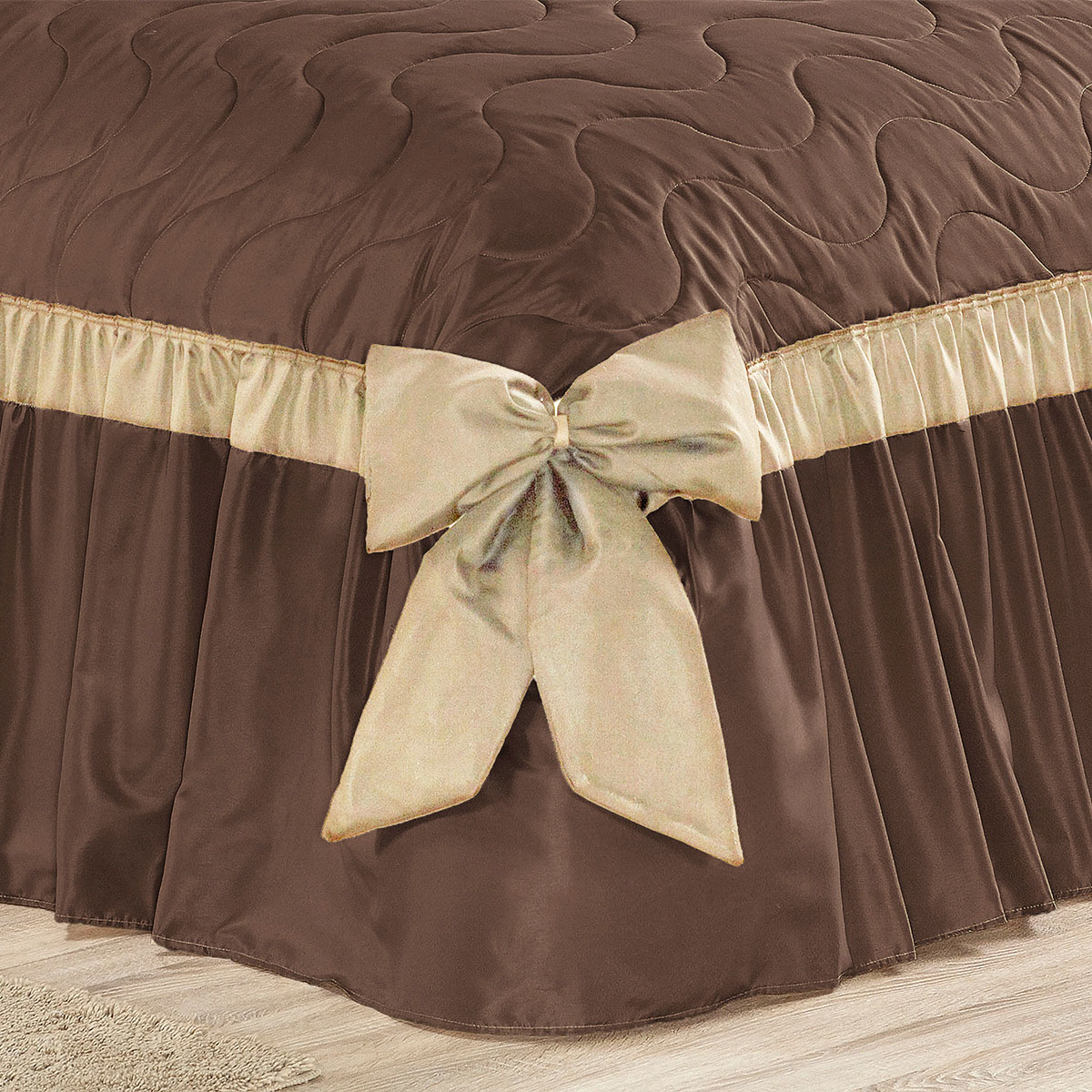 Cobre Leito Casal Colcha Tabaco 3 Peças 2,60m x 2,40m com Laço Decorativo