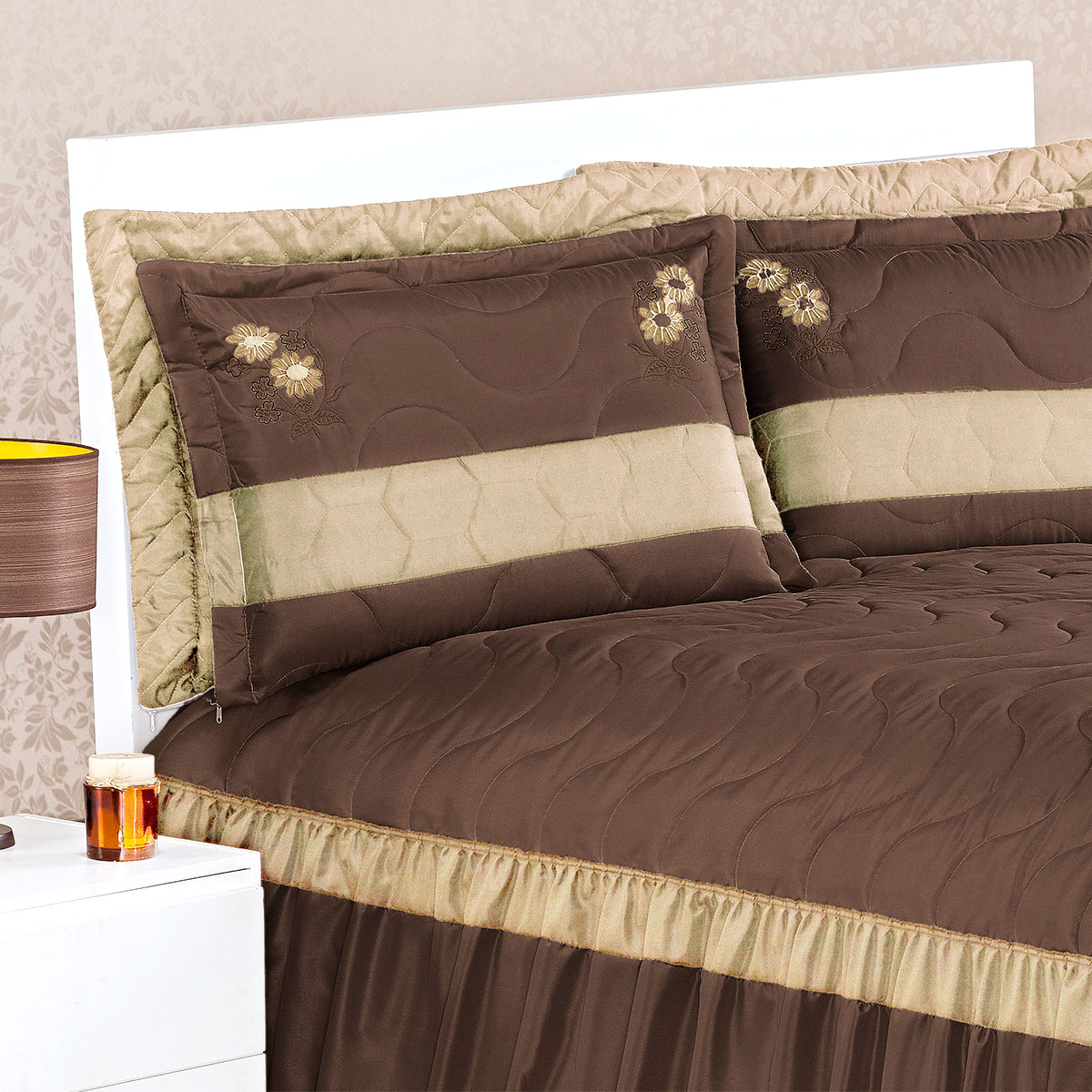 Cobre Leito Casal Colcha Tabaco 3 Peças 2,60m x 2,40m com Laço Decorativo