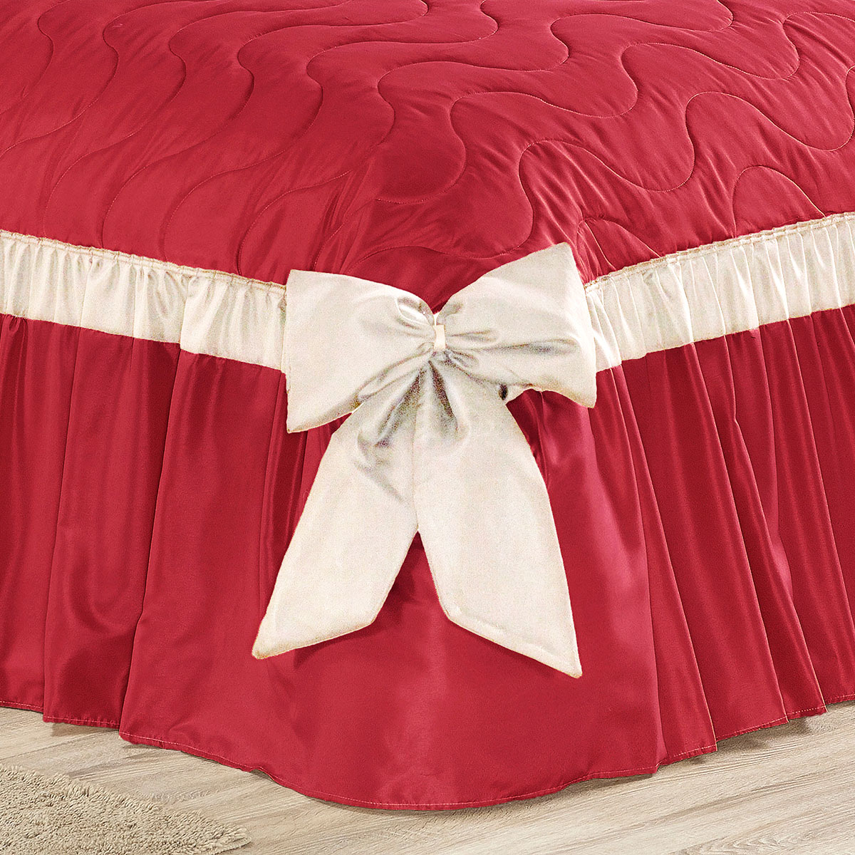 Cobre Leito Casal Vermelho Colcha Palha 3 Peças 2,60m x 2,40m com Laço Decorativo