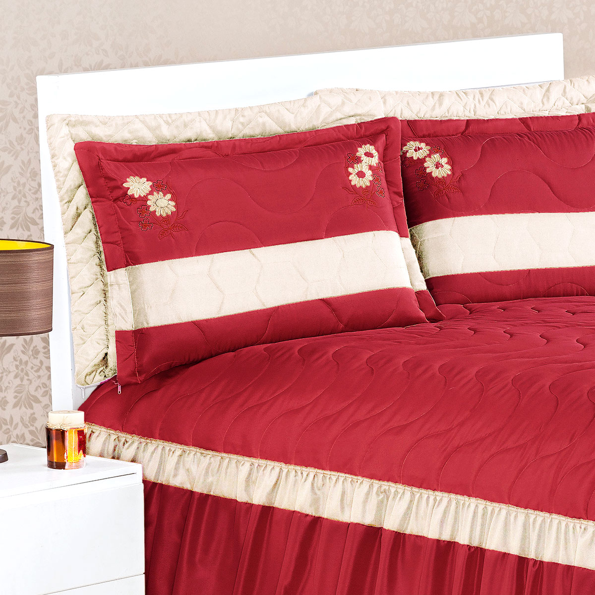 Cobre Leito Casal Vermelho Colcha Palha 3 Peças 2,60m x 2,40m com Laço Decorativo