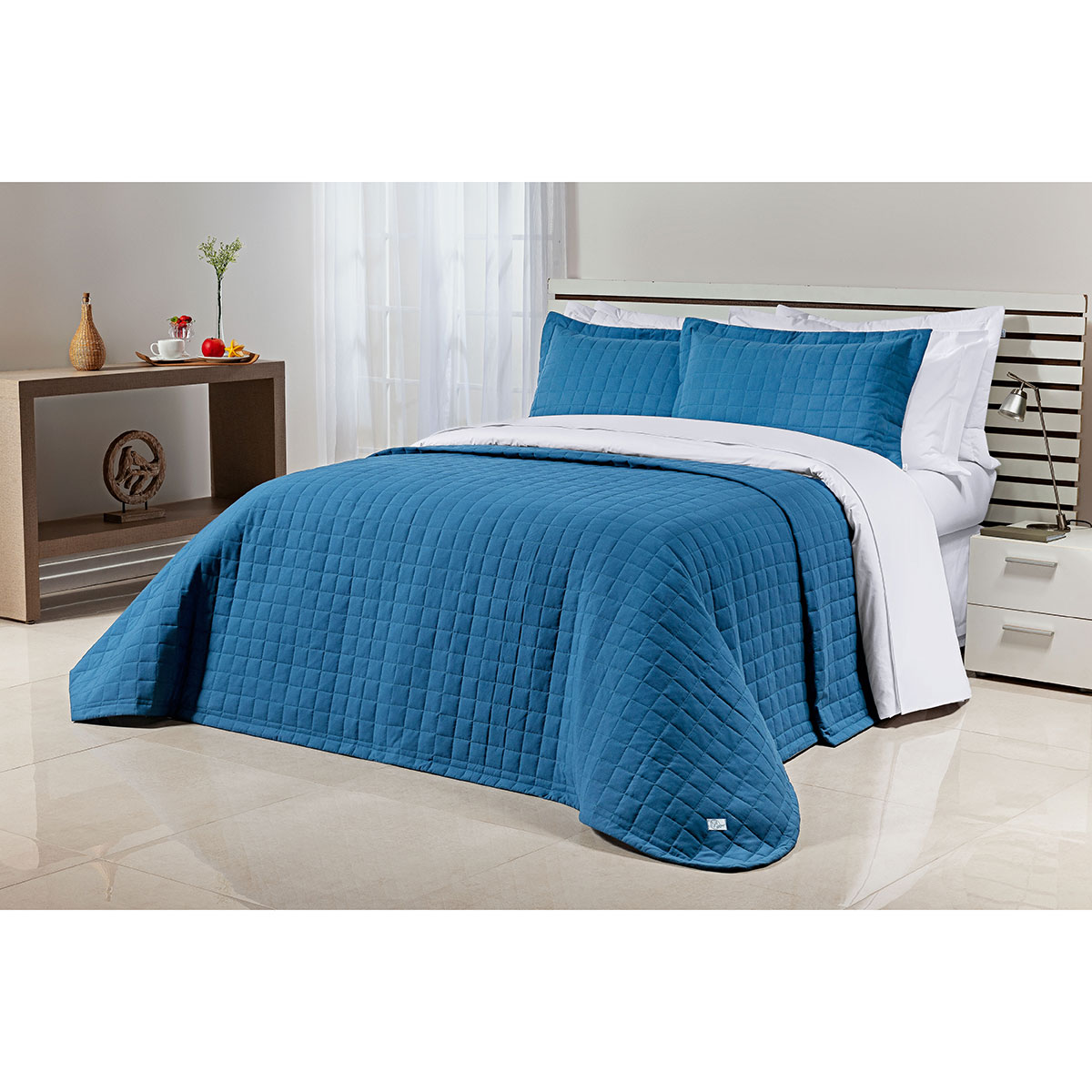 Cobre Leito Clássico Queen Azul 200 Fios 100% Algodão 3 Peças 2,60m x 2,40m