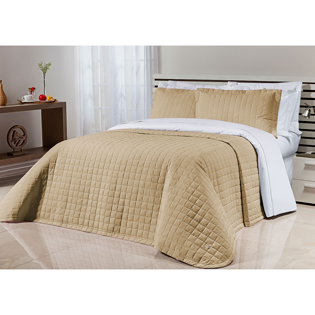 Cobre Leito Clássico Queen Bege 200 Fios 100% Algodão 3 Peças 2,60m x 2,40m