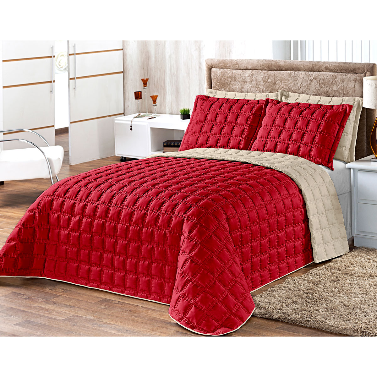 Cobre Leito Dupla Face Queen Size Vermelho Matelado 3 Peças