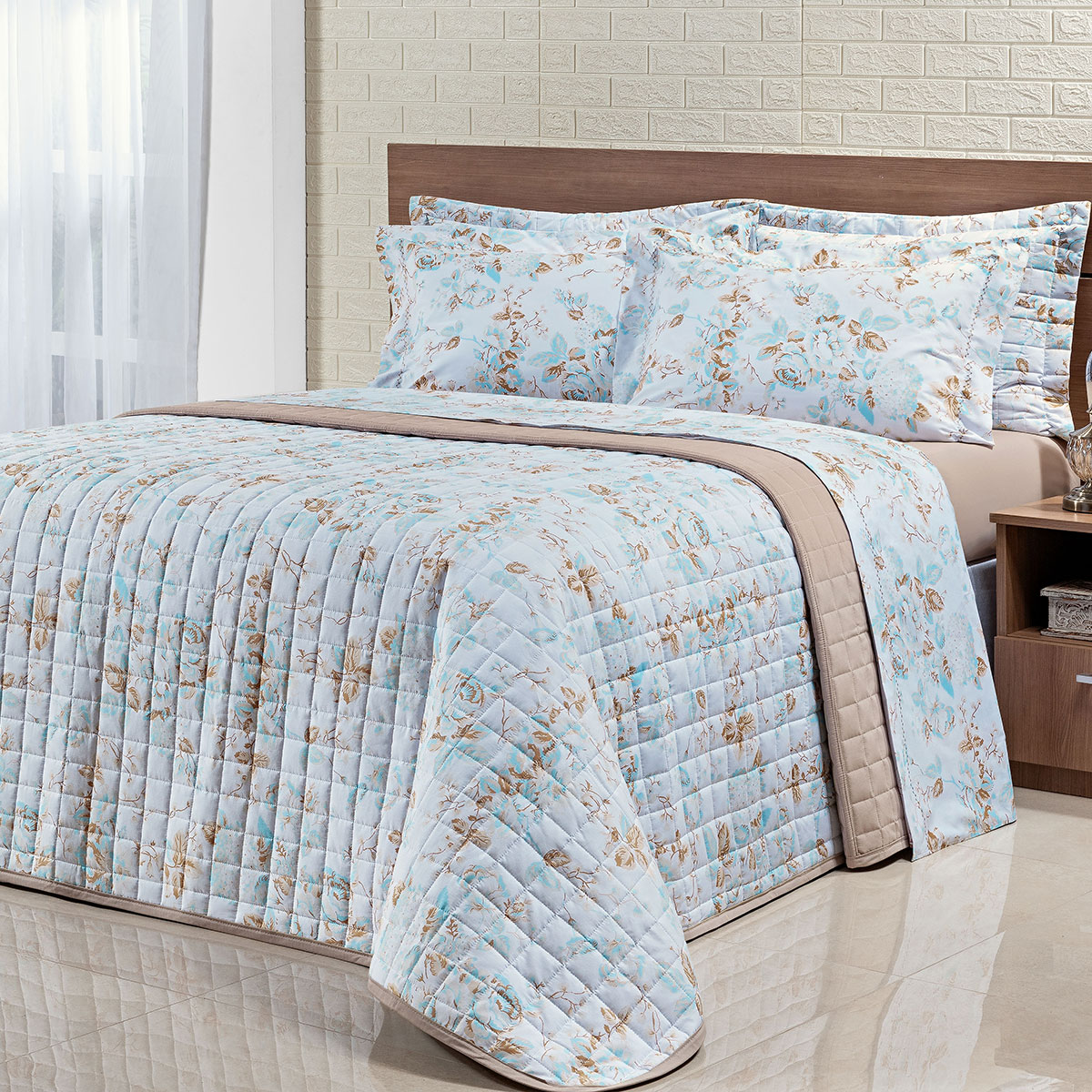 Cobre Leito Estampado King Floral Bege 200 Fios 100% Algodão + Jogo de Cama - 7 Peças
