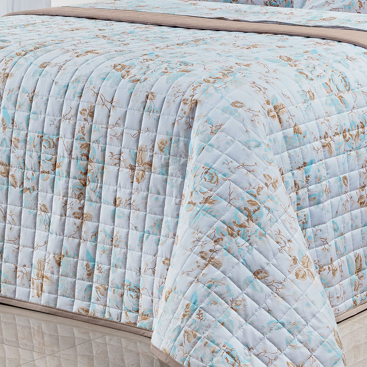 Cobre Leito Estampado King Floral Bege 200 Fios 100% Algodão + Jogo de Cama - 7 Peças