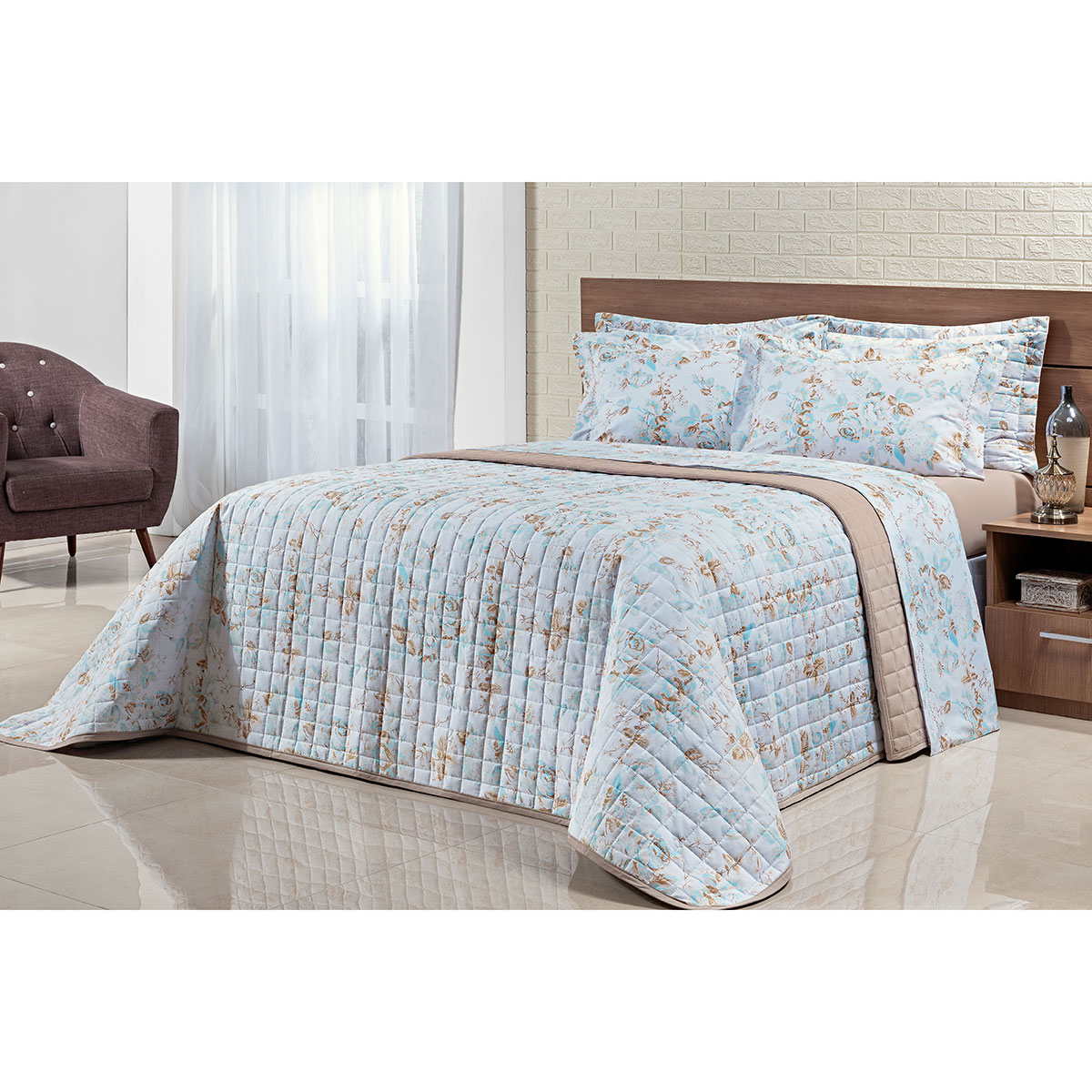 Cobre Leito Estampado King Floral Bege 200 Fios 100% Algodão + Jogo de Cama - 7 Peças