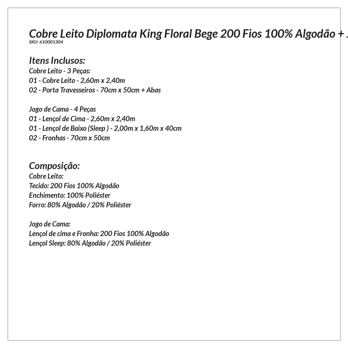 Cobre Leito Estampado King Floral Bege 200 Fios 100% Algodão + Jogo de Cama - 7 Peças
