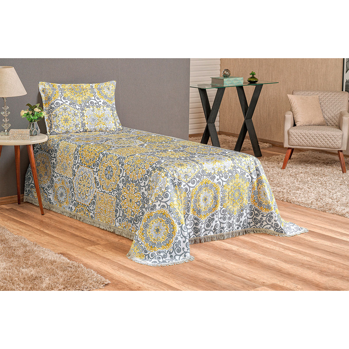 Cobre Leito Estampado Solteiro Amarelo Âmbar 2 Peças