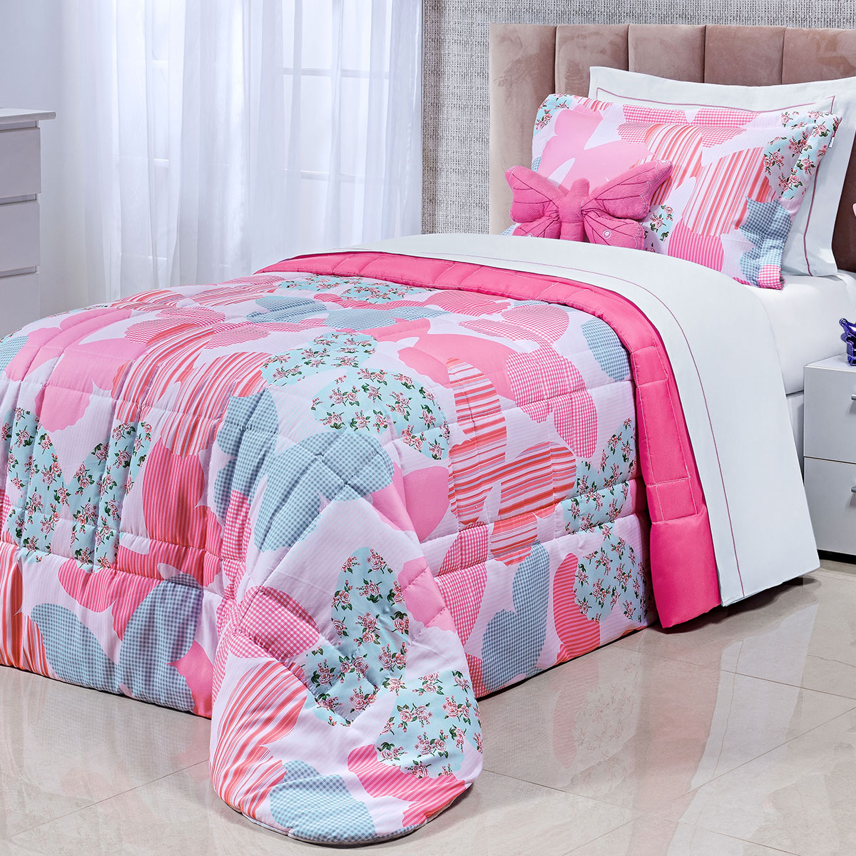 Cobre Leito Infantil Menina Feminino Rosa 200 Fios Micro Percal 3 Peças 2,50m x 1,90m com Porta Travesseiro