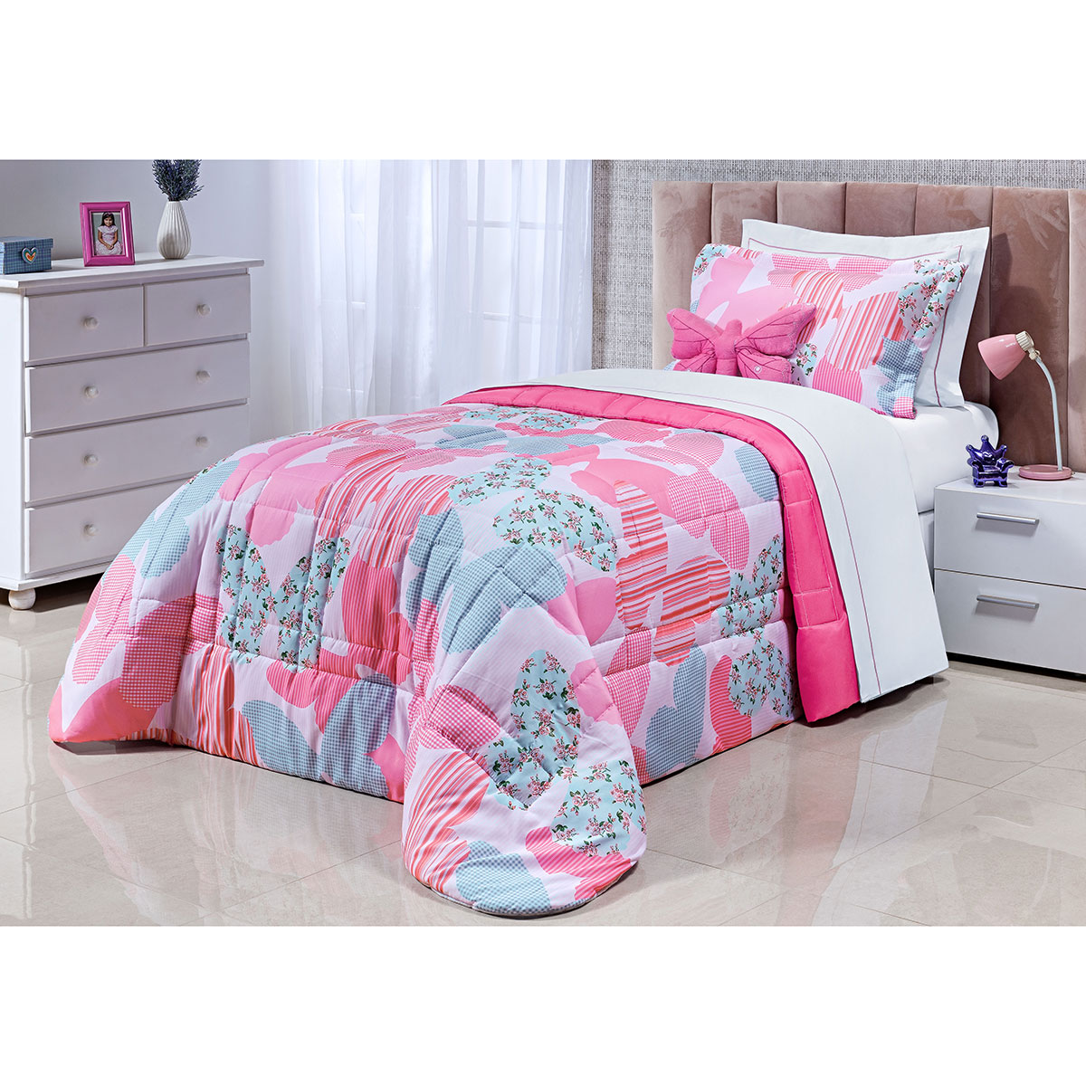 Cobre Leito Infantil Menina Feminino Rosa 200 Fios Micro Percal 3 Peças 2,50m x 1,90m com Porta Travesseiro