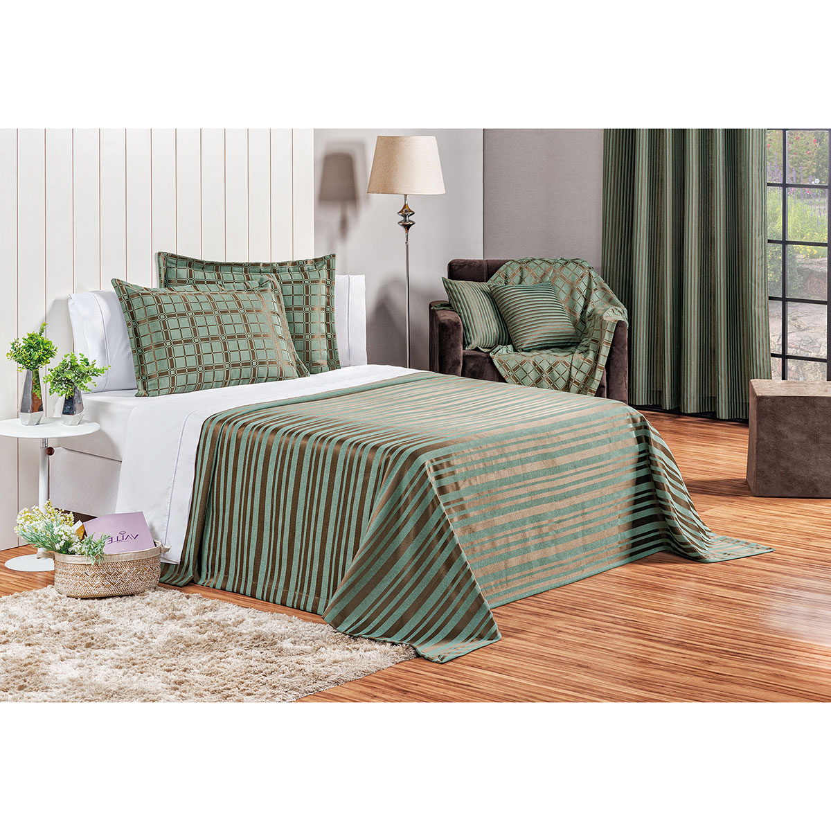 Cobre Leito King 3 Peças Verde com 2 Porta Travesseiros