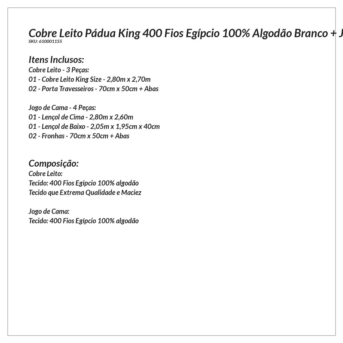 Cobre Leito King 400 Fios Egípcio 100% Algodão Branco + Jogo de Cama - 7 Peças