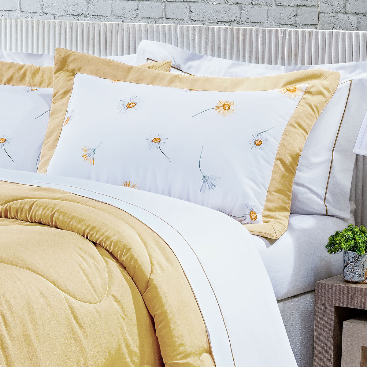 Cobre Leito King Amarelo Estampado Percal 200 Fios 3 Peças