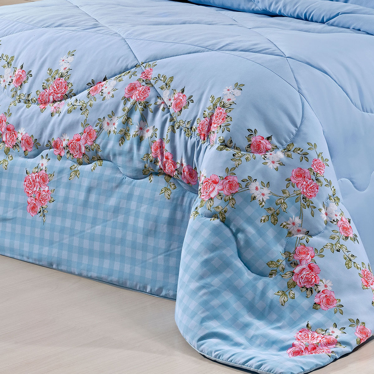Cobre Leito King Floral Estampado Azul Claro Percal 200 Fios + Jogo de Cama 100% Algodão - 7 Peças