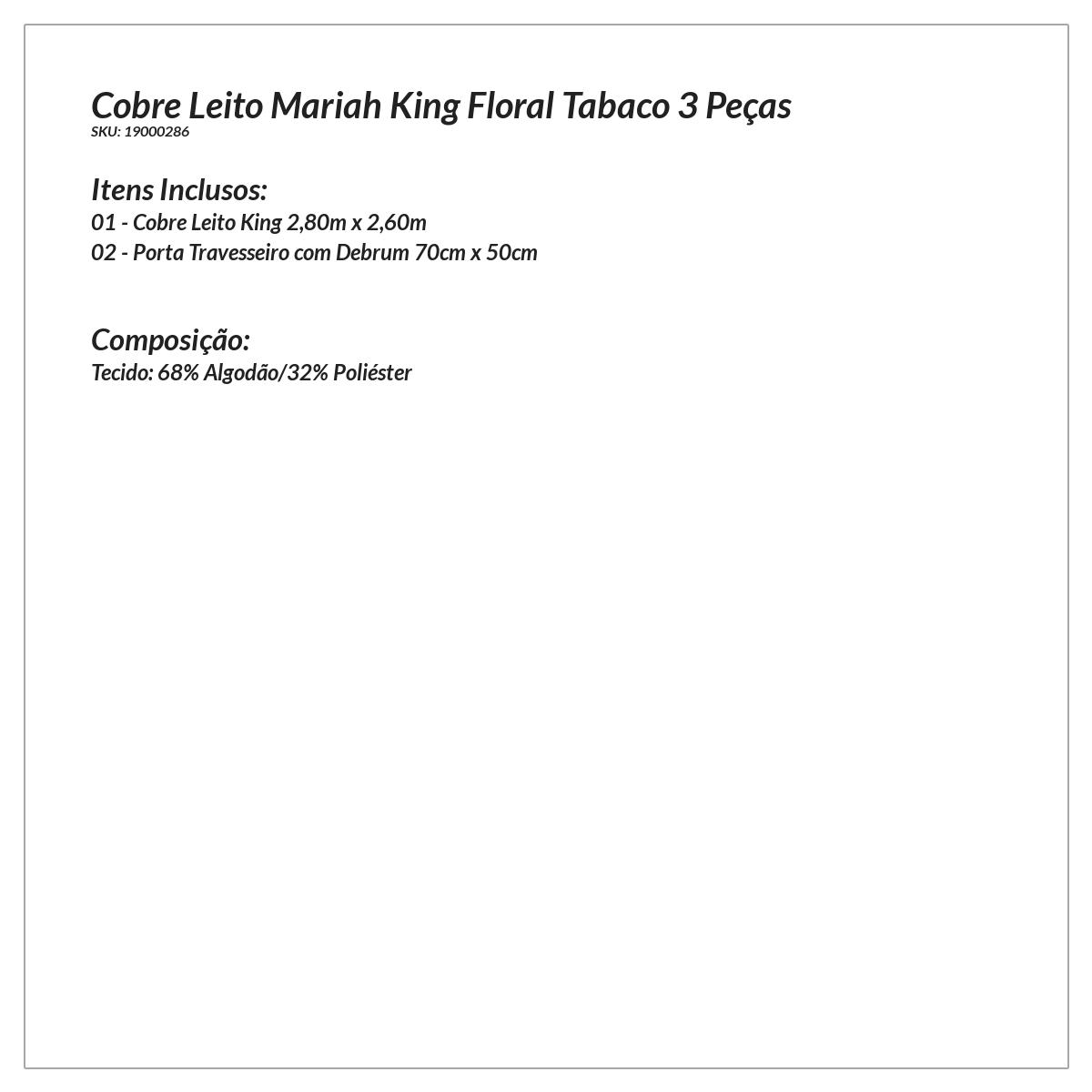 Cobre Leito King Mariah Floral Tabaco 3 Peças 
