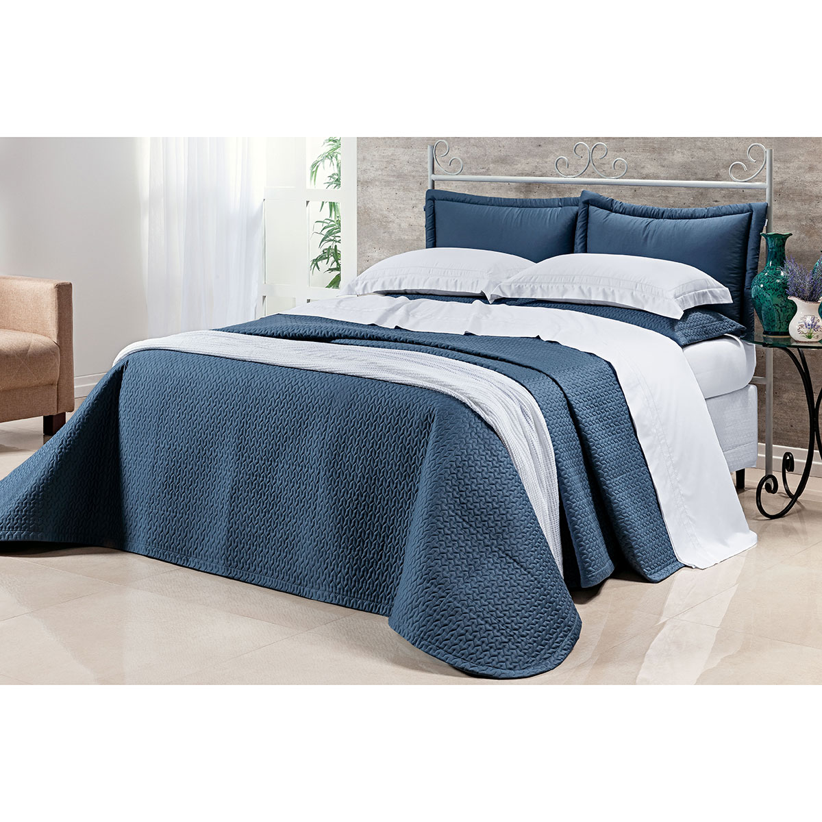 Cobre Leito King Size 400 Fios Egípcio 100% Algodão Azul + Jogo de Cama - 7 Peças