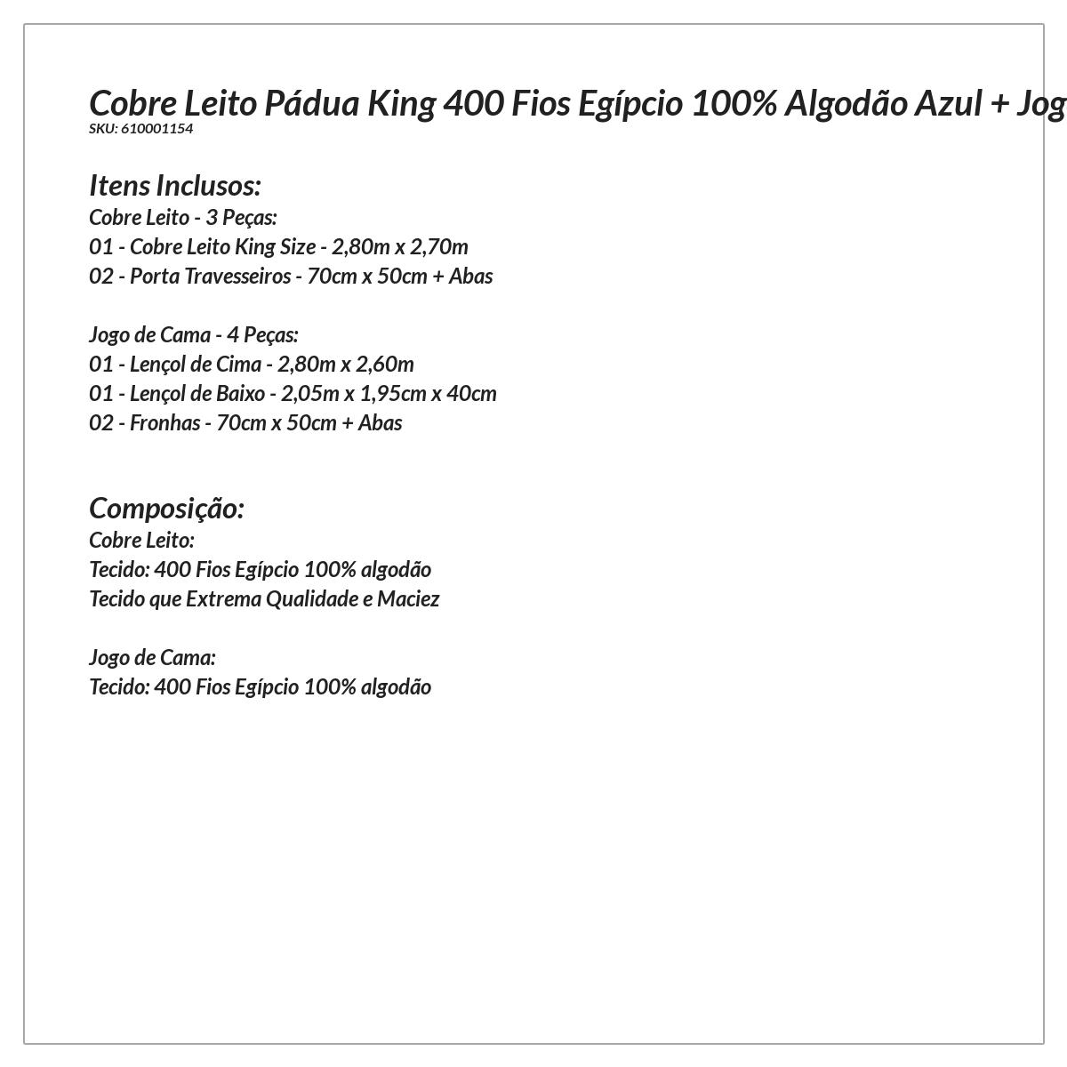 Cobre Leito King Size 400 Fios Egípcio 100% Algodão Azul + Jogo de Cama - 7 Peças