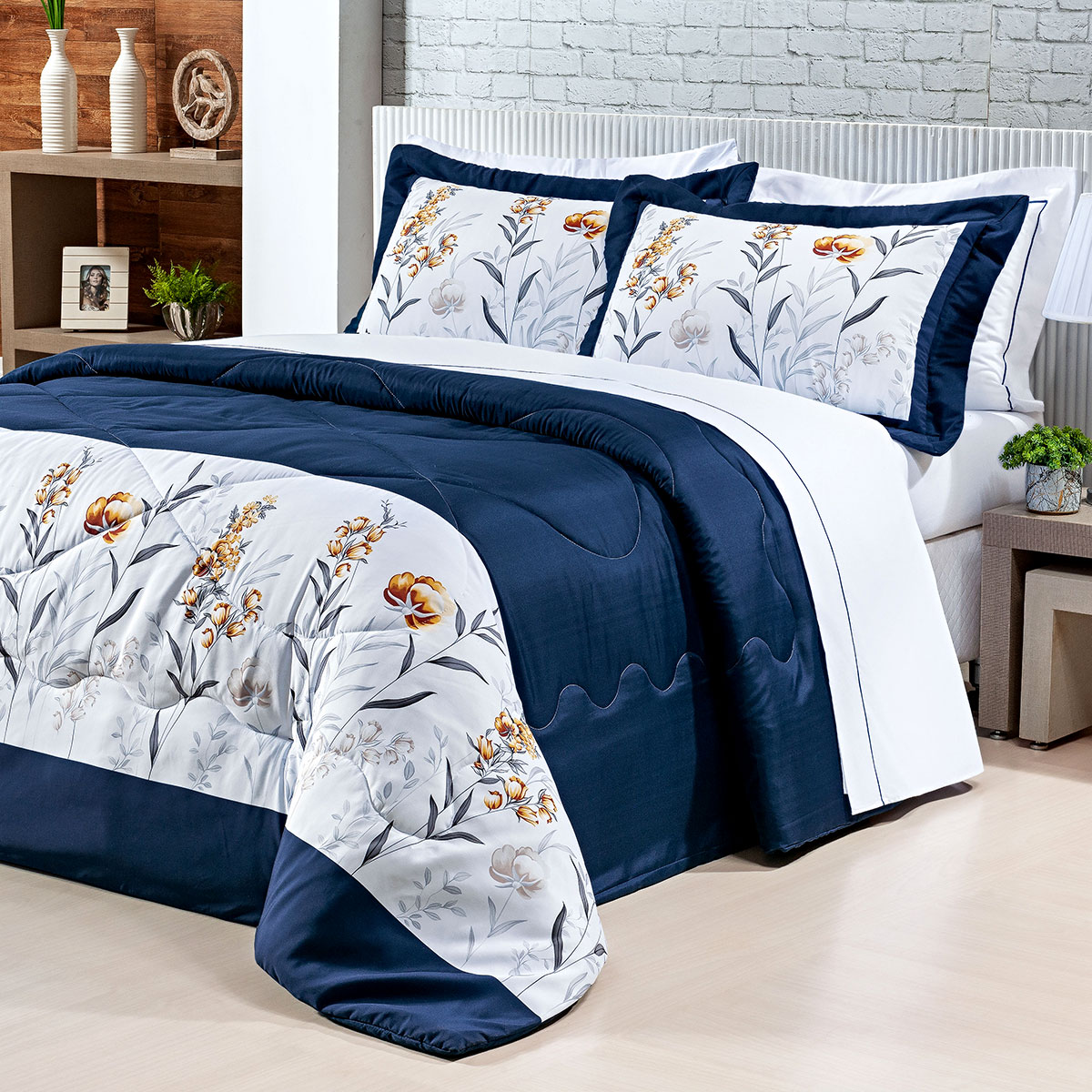 Cobre Leito King Size Azul Marinho Micropercal 200 Fios 3 Peças