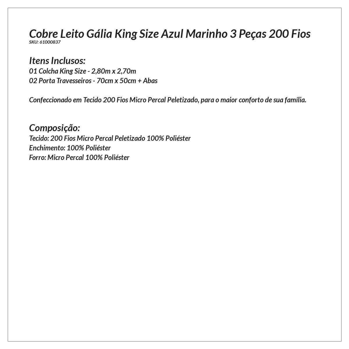 Cobre Leito King Size Azul Marinho Micropercal 200 Fios 3 Peças