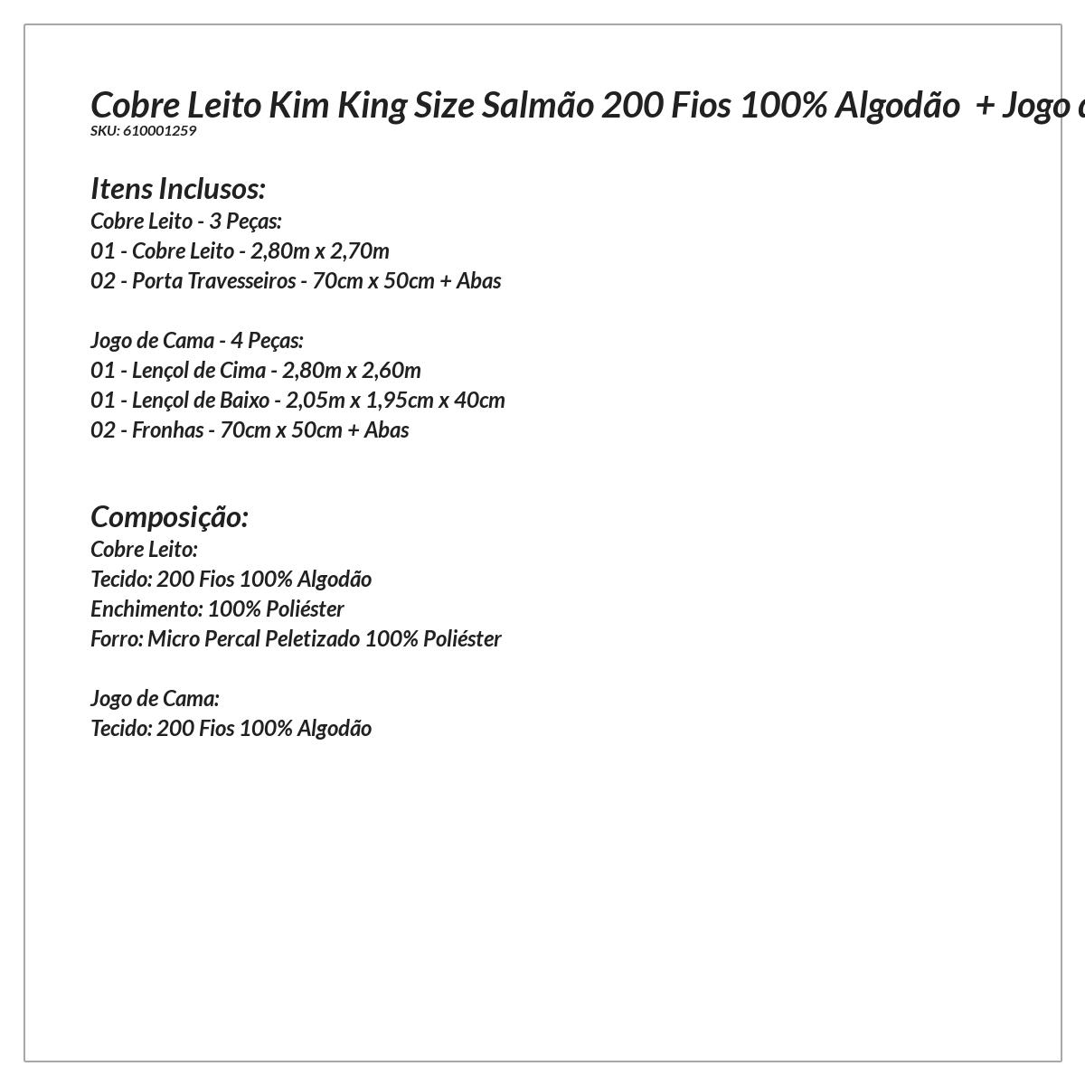 Cobre Leito King Size Salmão 200 Fios 100% Algodão + Jogo de Lençol - 7 Peças