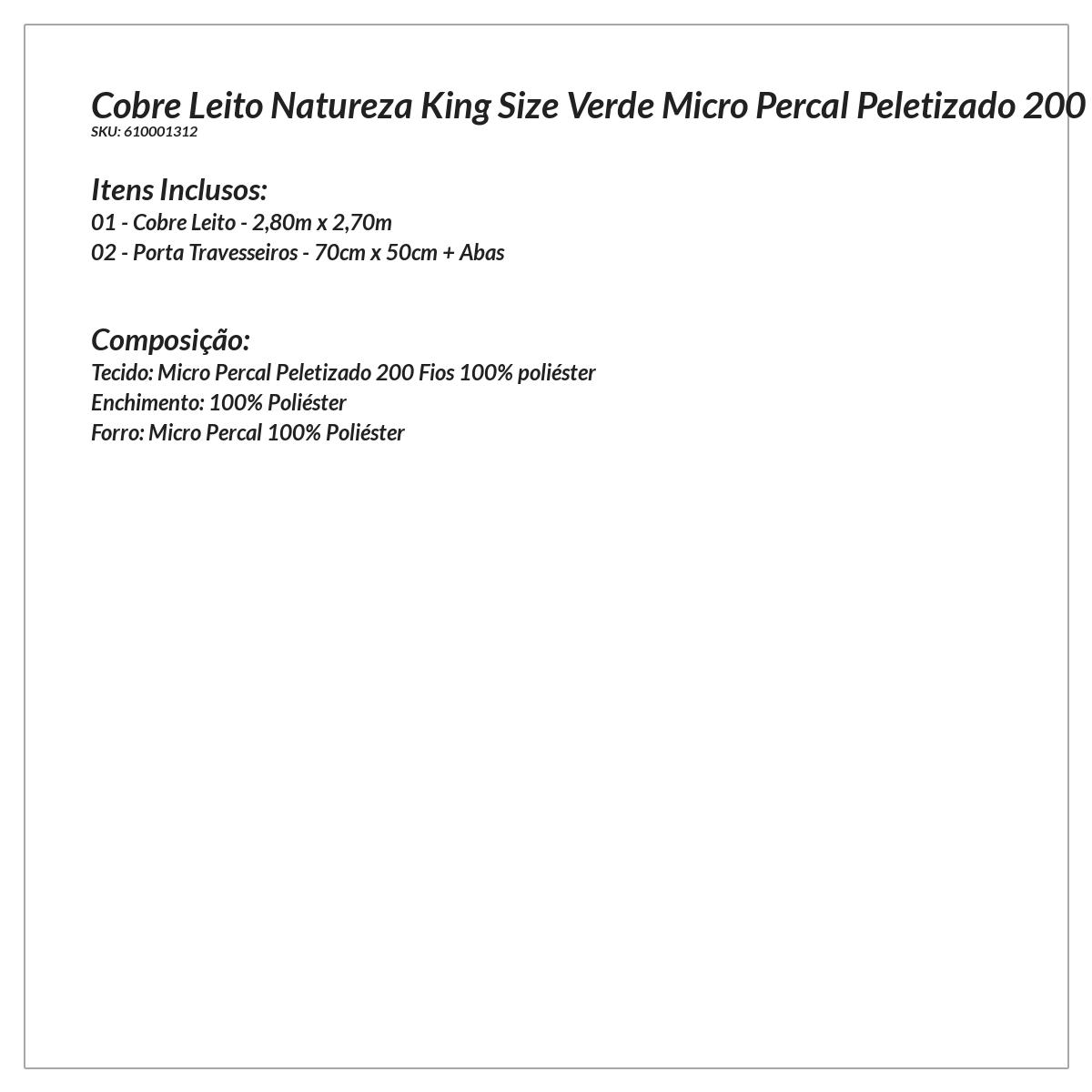 Cobre Leito Liso King Size Verde Micro Percal Peletizado 200 Fios 3 Peças